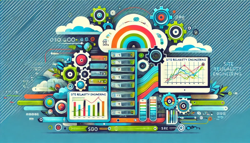 Bright and modern horizontal WordPress header image for Site Reliability Engineering (SRE) featuring abstract tech elements like cloud servers, gears, and performance metrics visuals in blue, green, and white tones