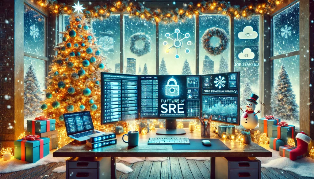 Festive header image for a WordPress article on the future of Site Reliability Engineering (SRE) featuring SRE dashboards, predictive maintenance tools, and a Christmas tree decorated with SRE-themed ornaments.