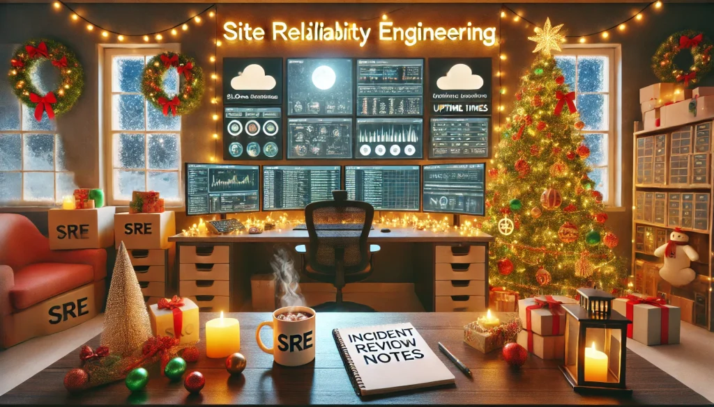 Horizontal festive Christmas-themed scene representing Site Reliability Engineering (SRE) with a modern office space, multiple monitors displaying uptime dashboards, a Christmas tree with SRE-themed ornaments, and snowfall outside the window.