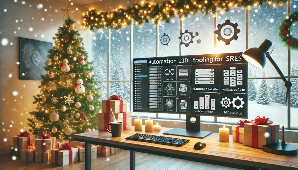 Festive header image for a WordPress article on Automation and Tooling for SREs featuring CI/CD pipelines, Infrastructure as Code (IaC) scripts, and automation dashboards, along with a Christmas tree decorated with SRE-themed ornaments.