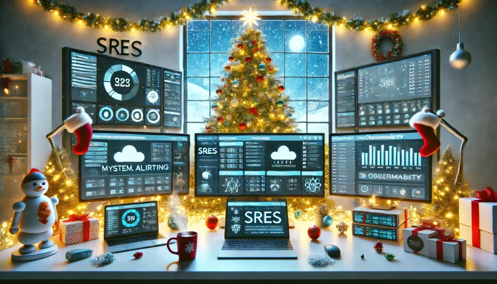 Festive header image for a WordPress article on Monitoring, Alerting, and Observability for SREs featuring system dashboards, alert notifications, and a Christmas tree decorated with SRE-themed ornaments.