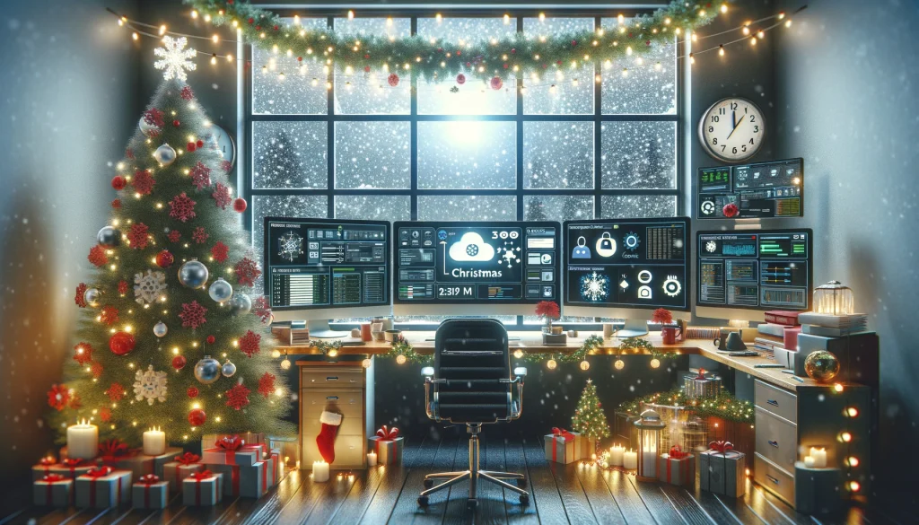 Festive header image for a WordPress article on SRE Incident Management and On-Call Best Practices featuring incident response dashboards, on-call notifications, and a Christmas tree decorated with SRE-themed ornaments.