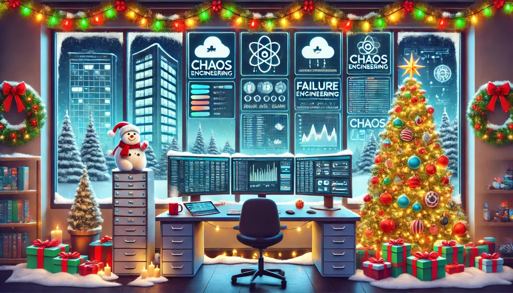 Festive header image for a WordPress article on Chaos Engineering featuring chaos dashboards, system stress tests, and a Christmas tree decorated with SRE-themed ornaments.