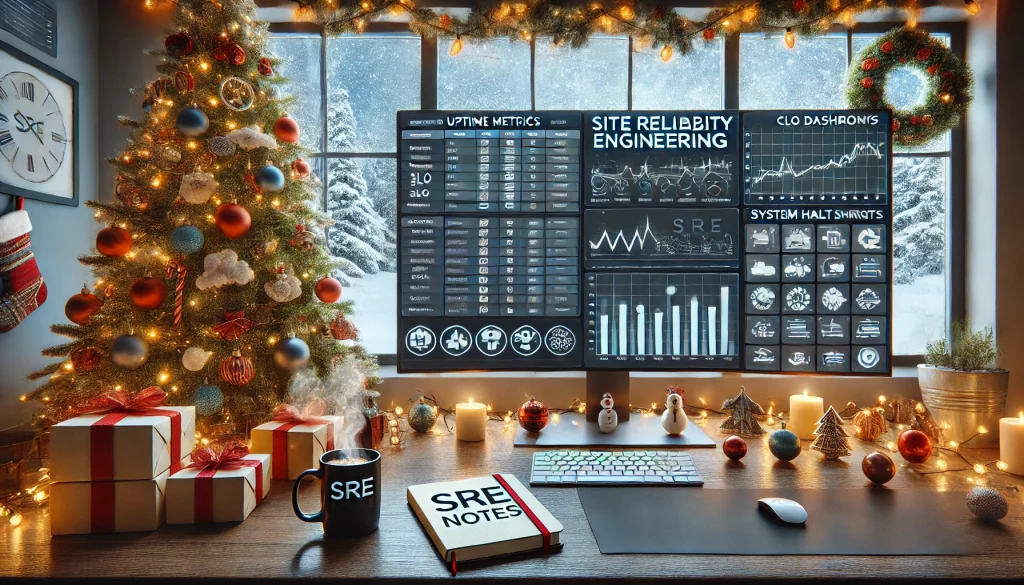 Horizontal festive Christmas-themed scene of a modern Site Reliability Engineering (SRE) workspace with uptime dashboards, system health alerts, and a Christmas tree decorated with SRE-related ornaments.