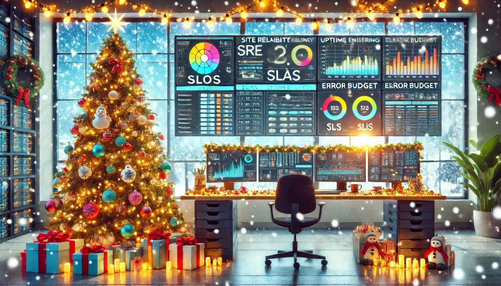 Festive header image for a WordPress article on SRE featuring a desk with SLO dashboards, error budget gauges, and a Christmas tree decorated with SRE-themed ornaments.