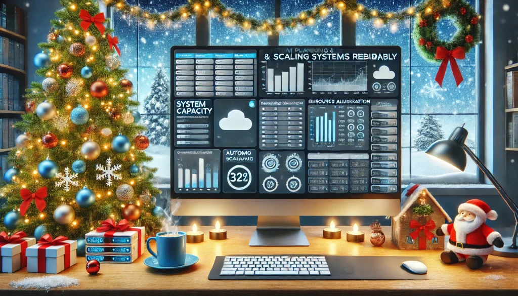 Festive header image for a WordPress article on Capacity Planning and Scaling Systems Reliably featuring system capacity dashboards, resource allocation graphs, and a Christmas tree decorated with SRE-themed ornaments.